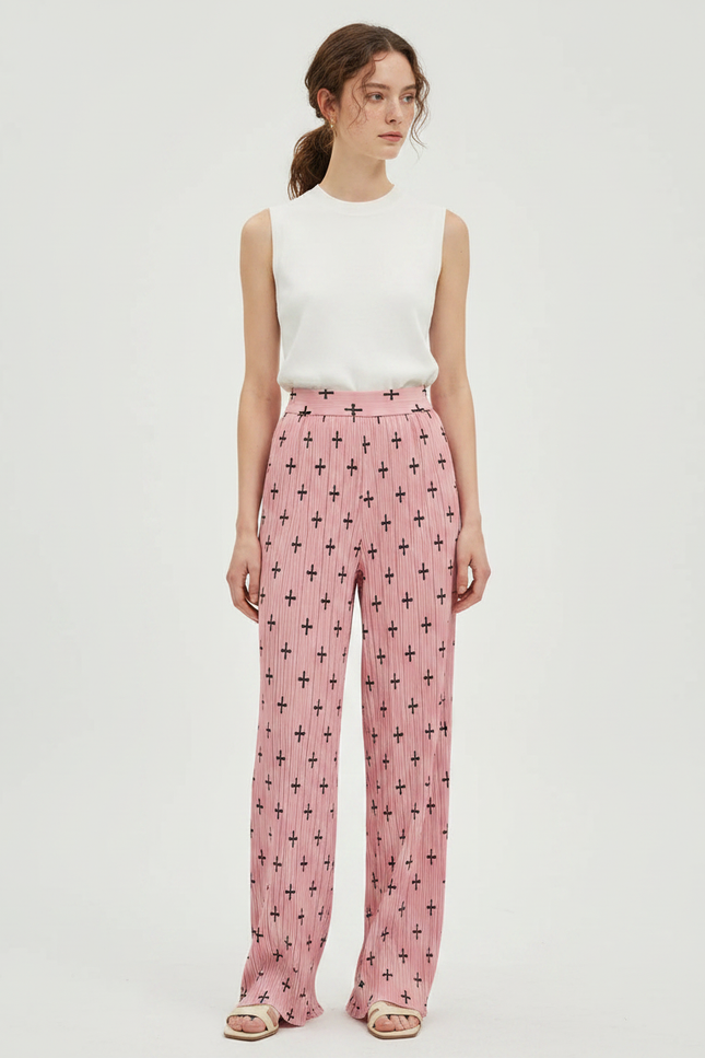 Pantalon À Pince Rose Plissé Imprimé Croix Taille Haute - Polyester