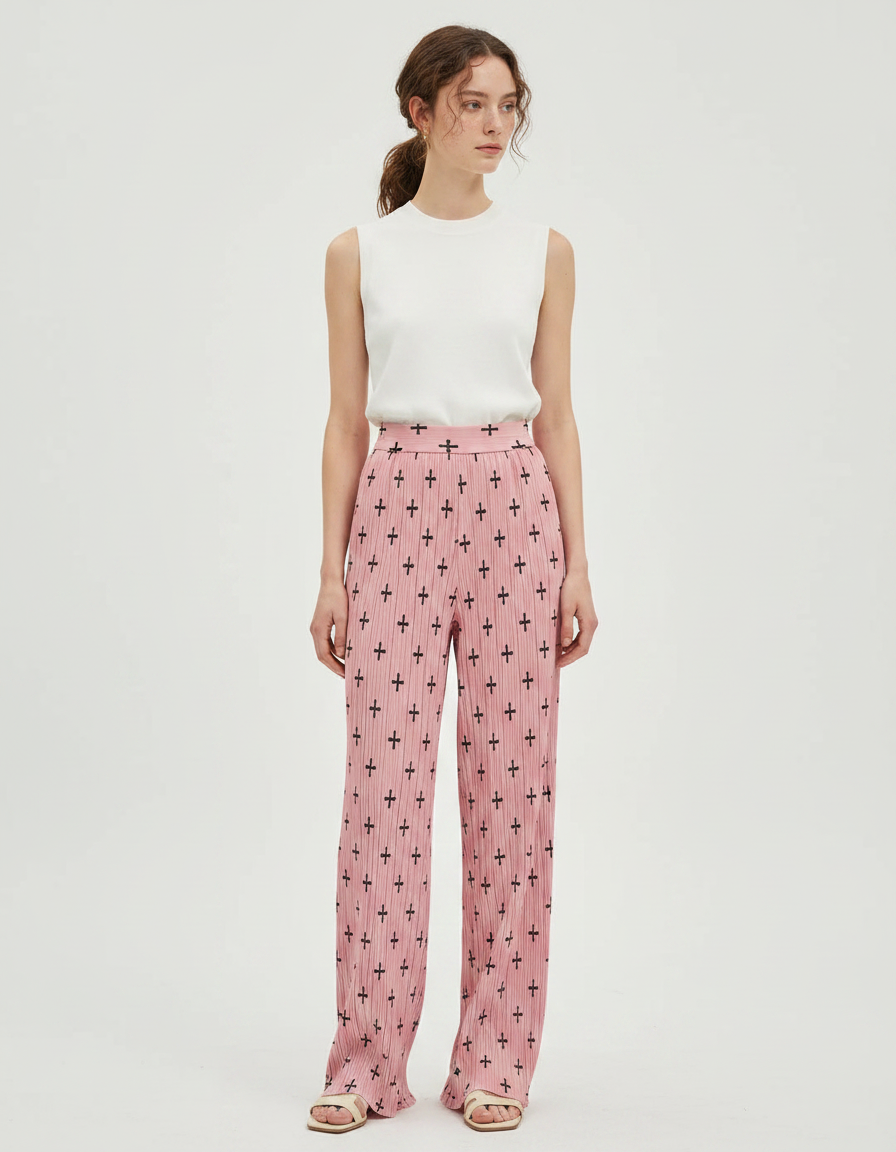 Pantalon À Pince Rose Plissé Imprimé Croix Taille Haute - Polyester