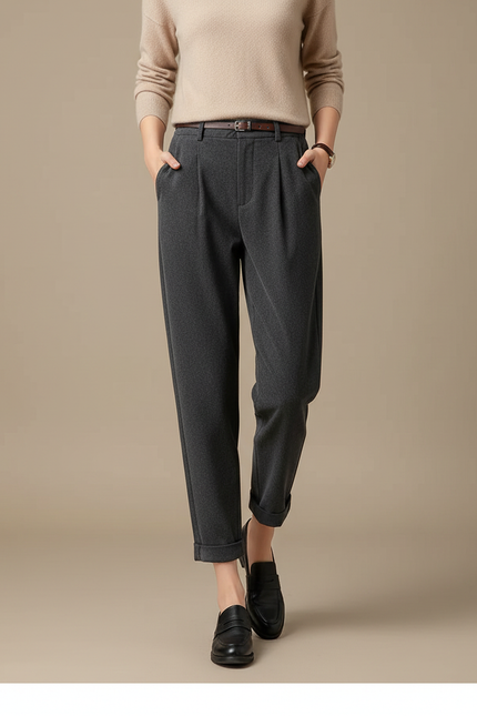 Pantalon À Pince Gris Foncé Laine Plissé Élégant Femme