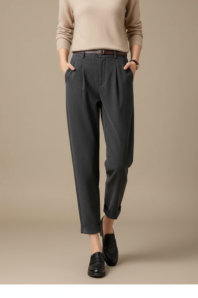 Pantalon À Pince Gris Foncé Laine Plissé Élégant Femme
