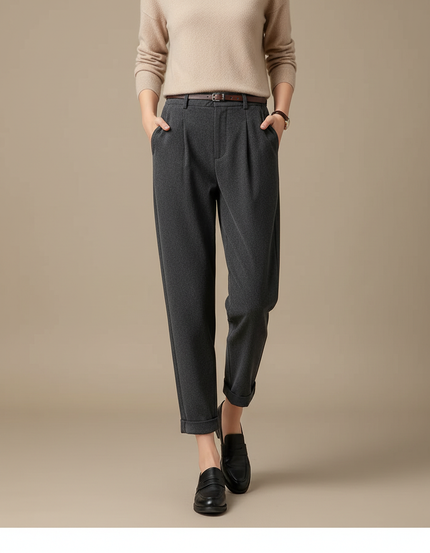 Pantalon À Pince Gris Foncé Laine Plissé Élégant Femme