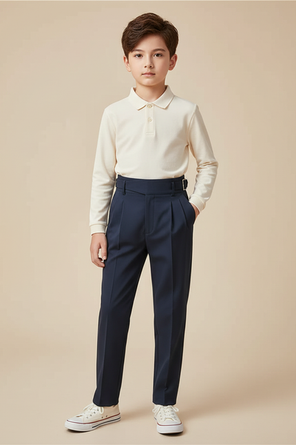 Pantalon À Pince Bleu Marine Plissé Élégant Garçon - Gabardine