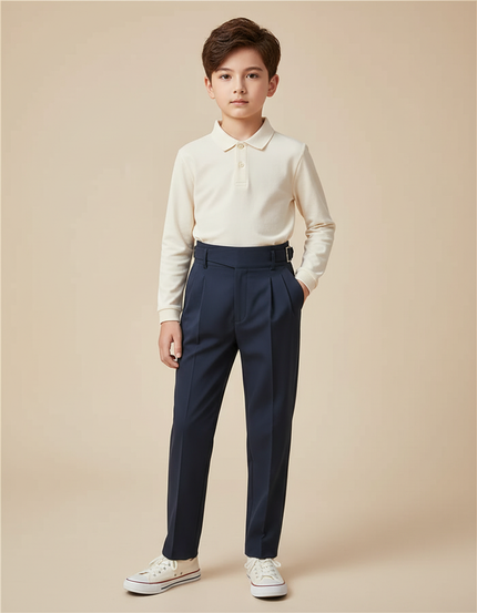 Pantalon À Pince Bleu Marine Plissé Élégant Garçon - Gabardine