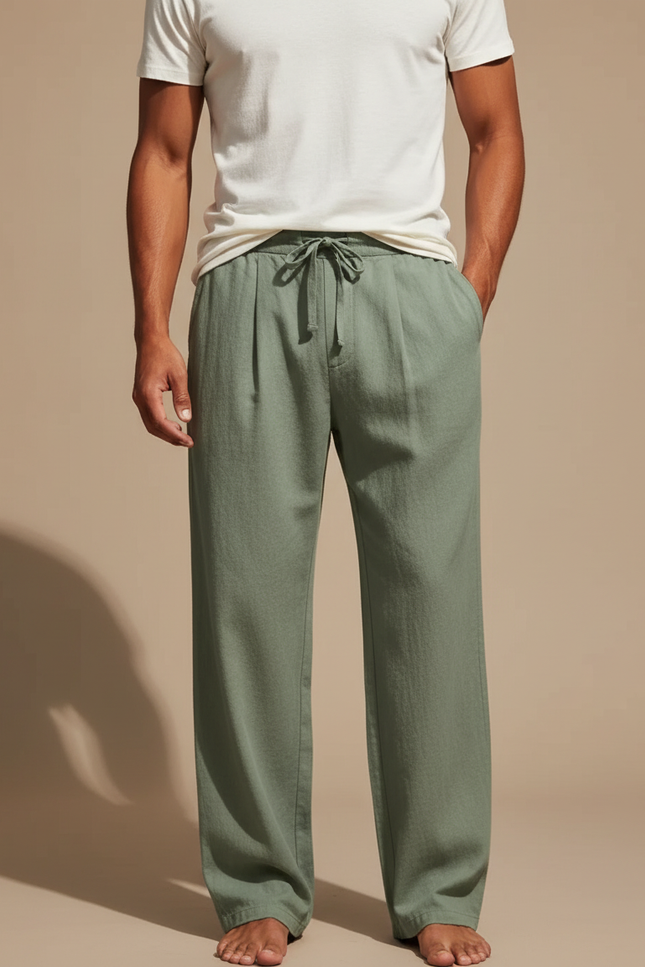 Pantalon À Pince Vert Kaki Lin Ample Décontracté