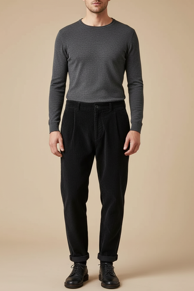 Pantalon À Pince Noir Côtelé Plissé Décontracté Homme - Cordé