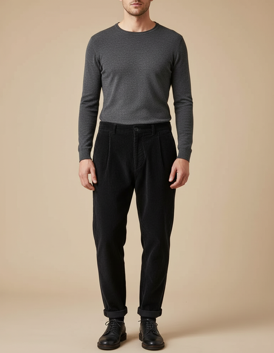 Pantalon À Pince Noir Côtelé Plissé Décontracté Homme - Cordé