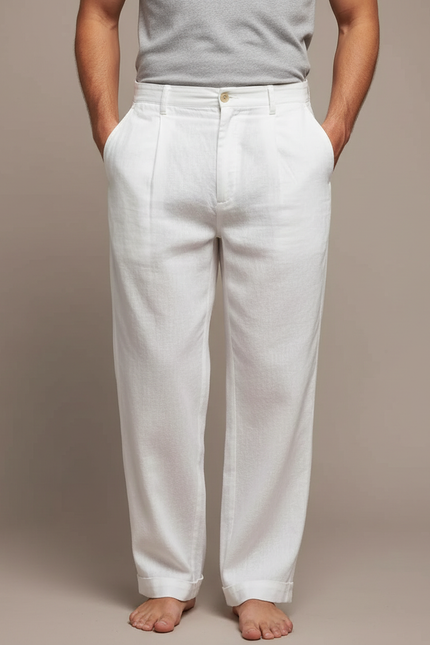 Pantalon À Pince Blanc Lin Ample Respirant Homme