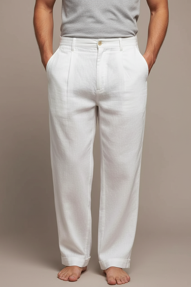 Pantalon À Pince Blanc Lin Ample Respirant Homme