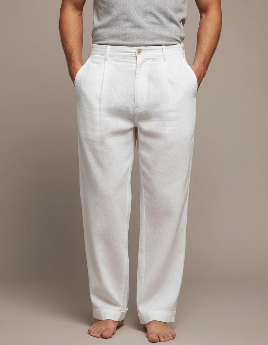 Pantalon À Pince Blanc Lin Ample Respirant Homme