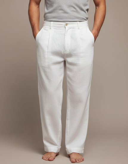 Pantalon À Pince Blanc Lin Ample Respirant Homme