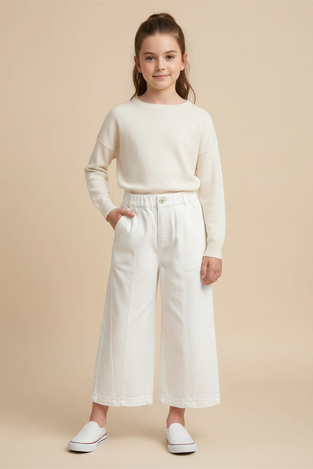 Pantalon À Pince Blanc Coton Droit Ample Fille - Jean