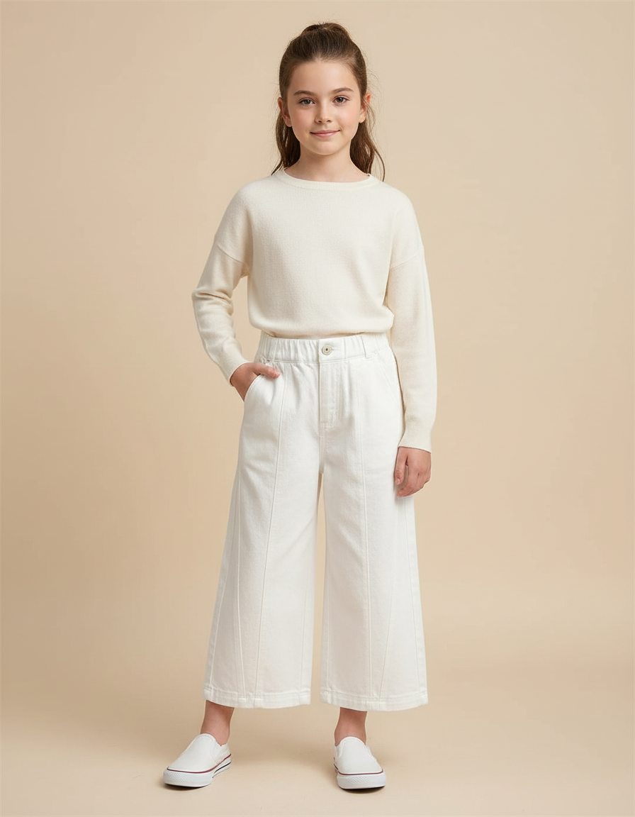 Pantalon À Pince Blanc Coton Droit Ample Fille - Jean