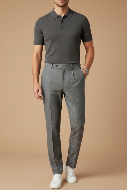 Pantalon À Pince Gris Élégant Plissé Décontracté Homme - Laine