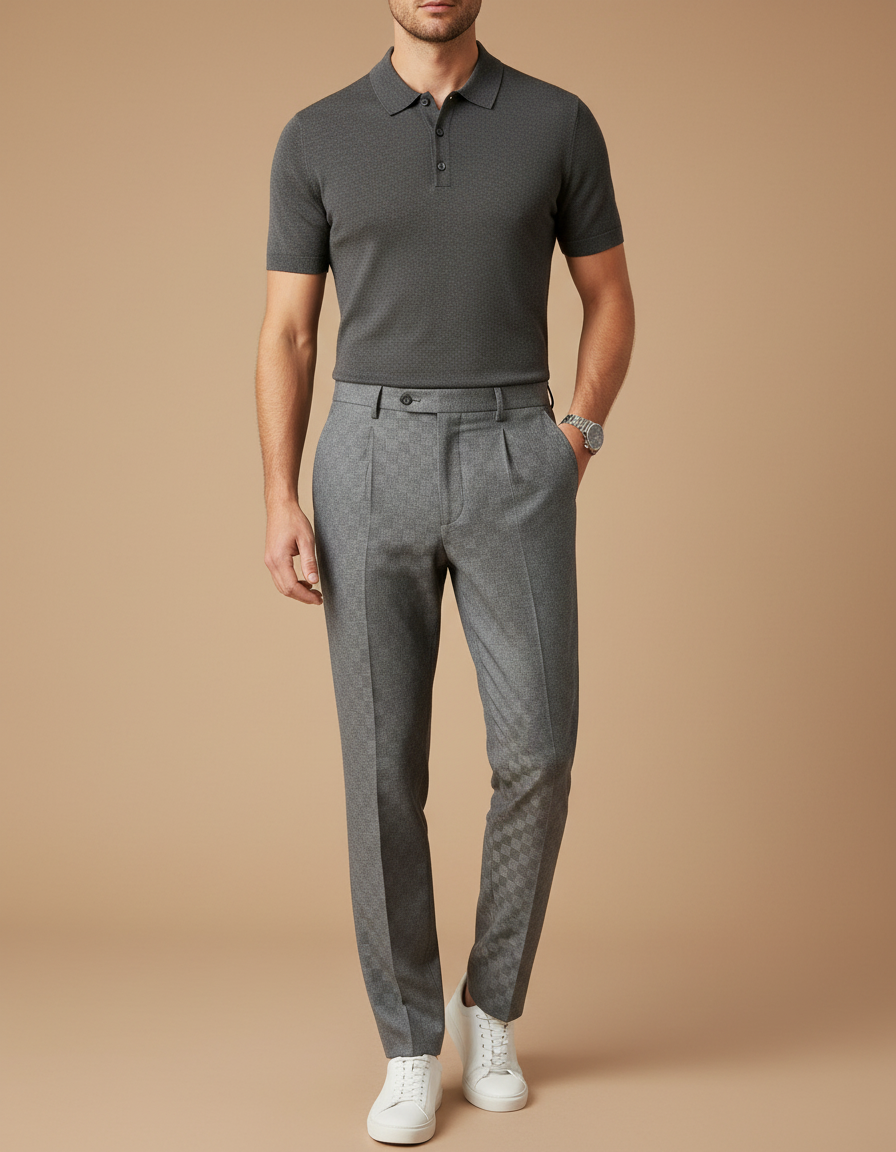 Pantalon À Pince Gris Élégant Plissé Décontracté Homme - Laine