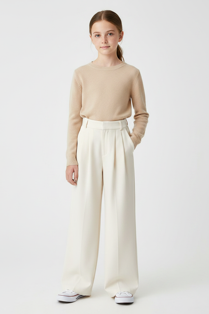 Pantalon À Pince Crème Ample Fluide Taille Haute Fille - Beige Viscose