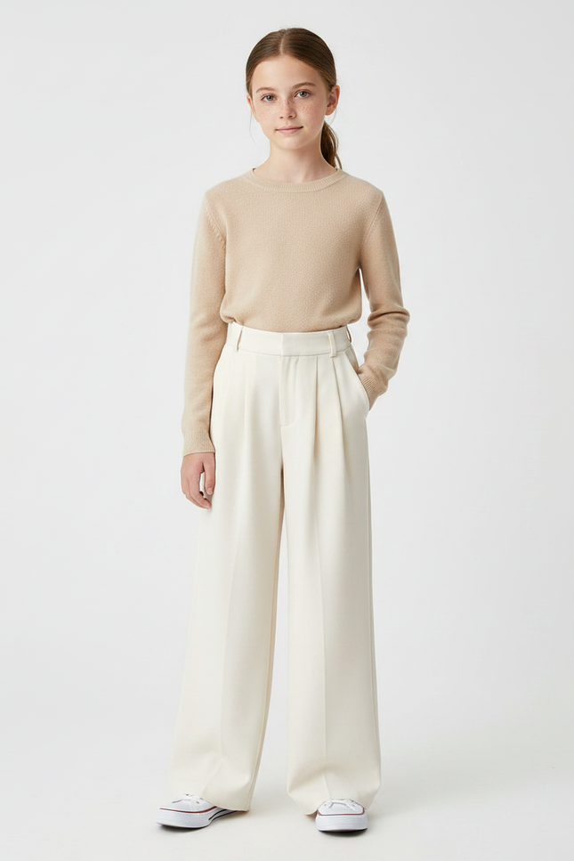 Pantalon À Pince Crème Ample Fluide Taille Haute Fille - Beige Viscose