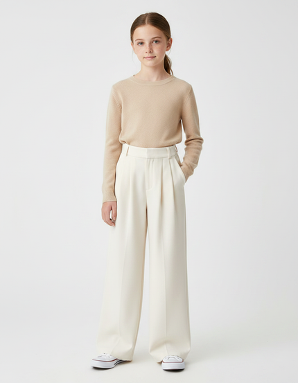 Pantalon À Pince Crème Ample Fluide Taille Haute Fille - Beige Viscose