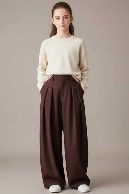 Pantalon À Pince Marron Ample Plissé Élégant Femme - Gabardine
