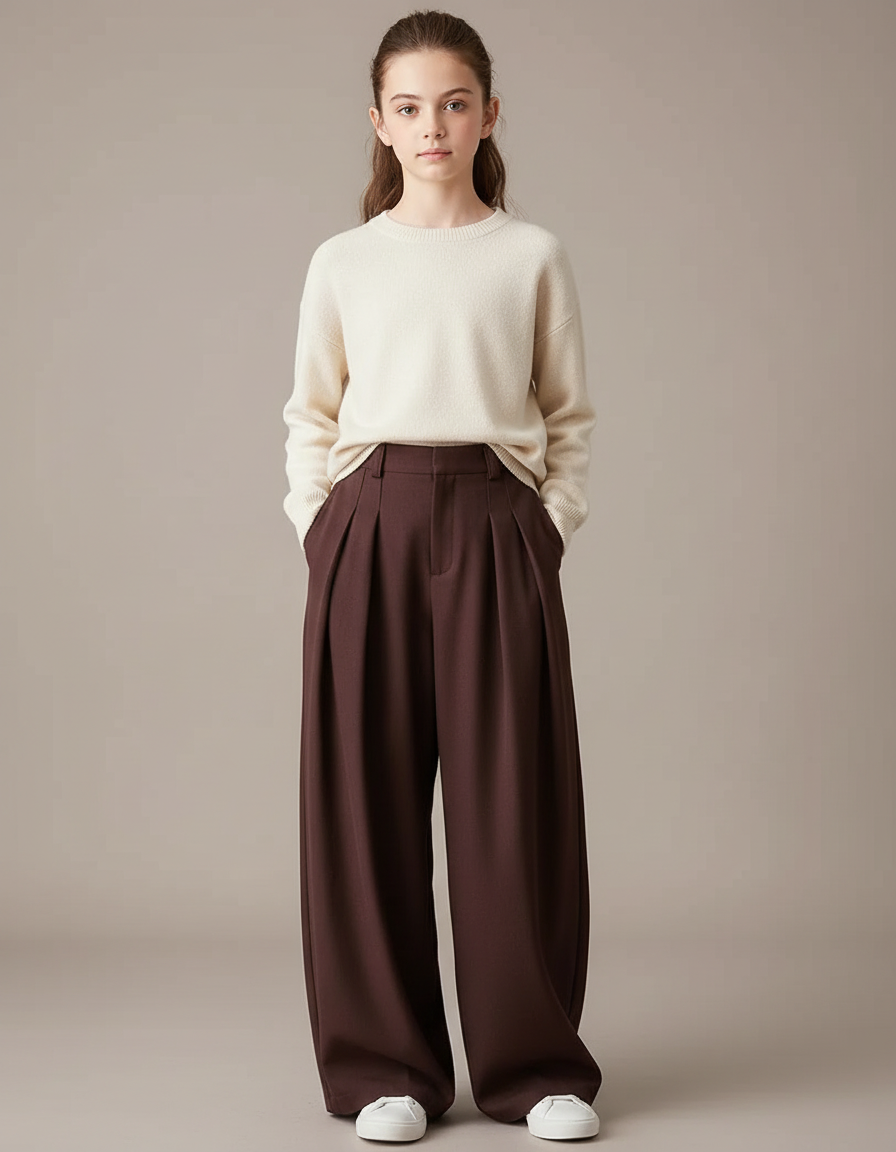 Pantalon À Pince Marron Ample Plissé Élégant Femme - Gabardine