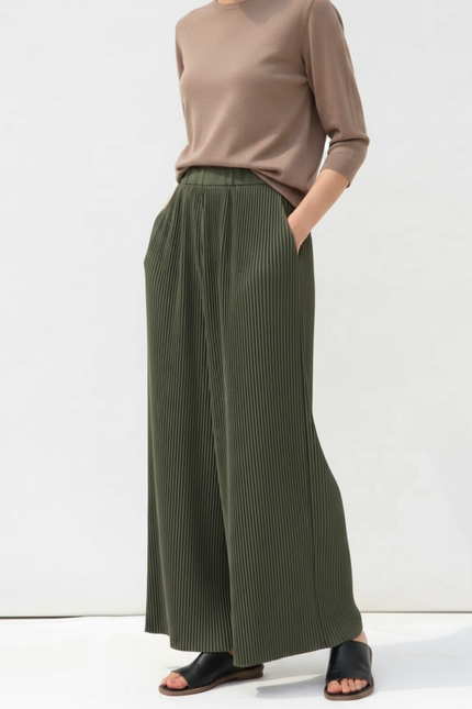 Pantalon À Pince Plissé Vert Ample Fluide Femme - Kaki Polyester