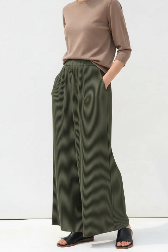 Pantalon À Pince Plissé Vert Ample Fluide Femme - Kaki Polyester