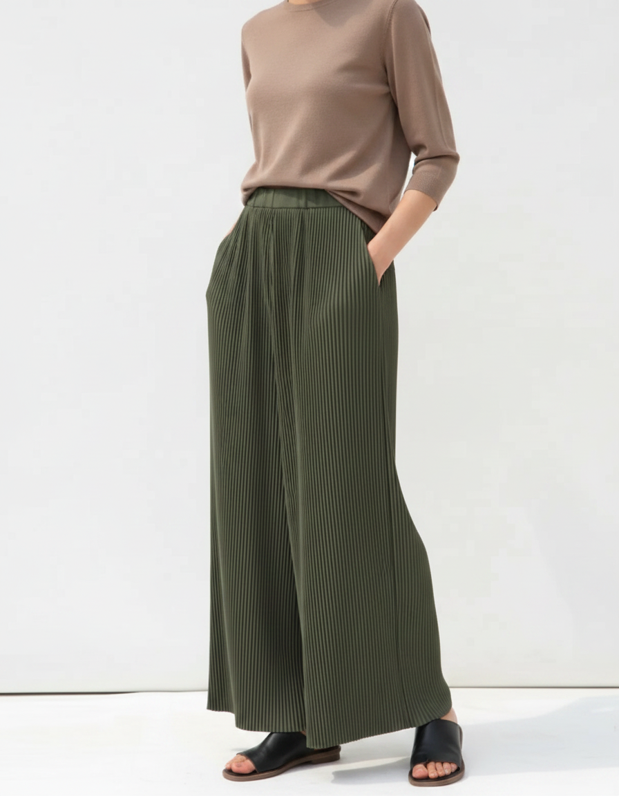 Pantalon À Pince Plissé Vert Ample Fluide Femme - Kaki Polyester