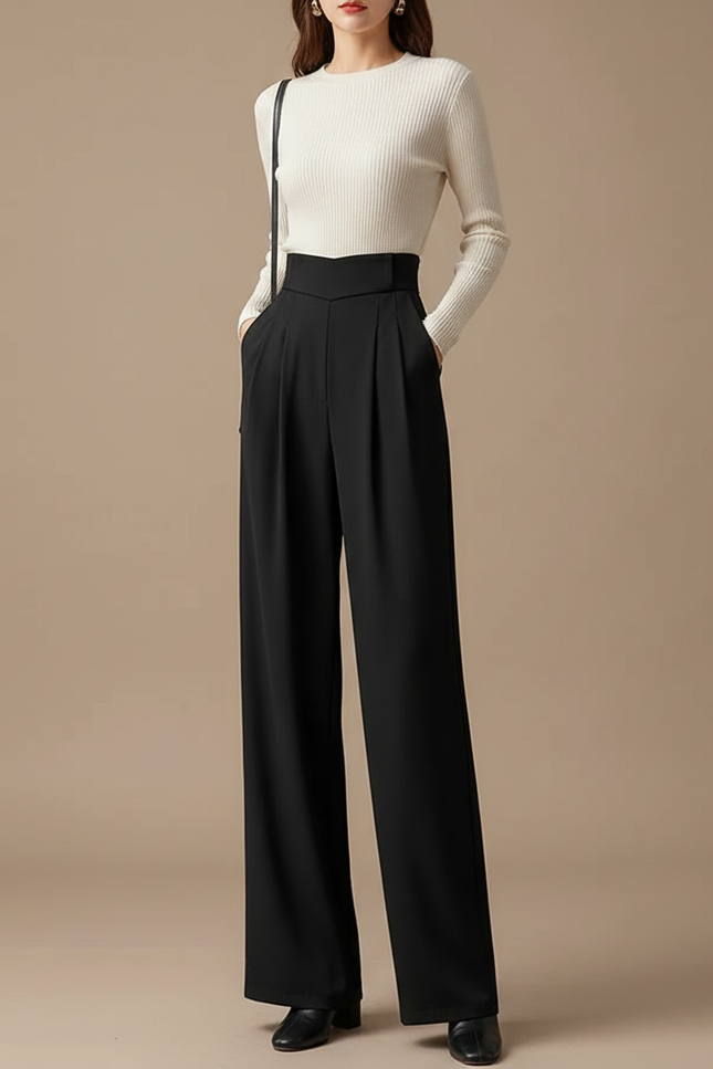 Pantalon À Pince Noir Fluide Ample Taille Haute - Polyester