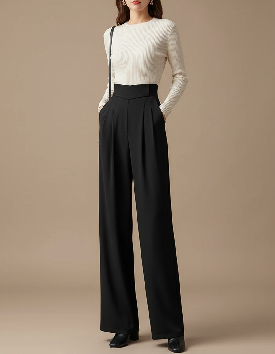 Pantalon À Pince Noir Fluide Ample Taille Haute - Polyester