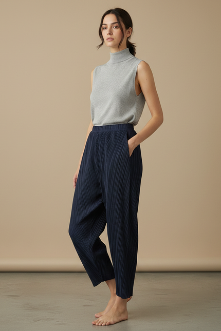 Pantalon À Pince Plissé Bleu Marine Décontracté Fluide - Polyester