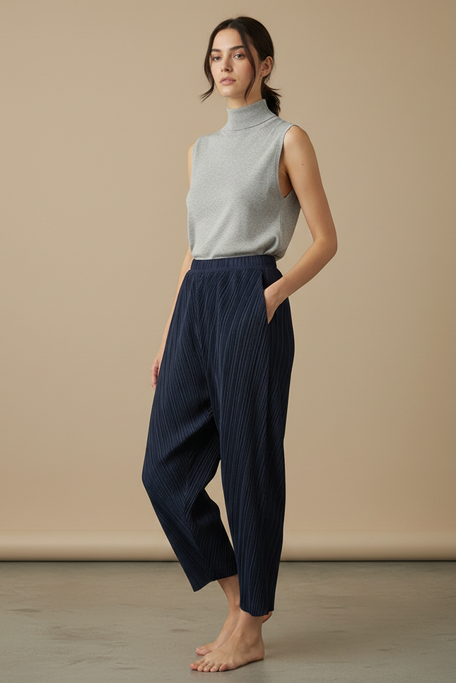Pantalon À Pince Plissé Bleu Marine Décontracté Fluide - Polyester