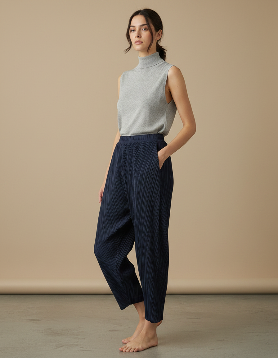 Pantalon À Pince Plissé Bleu Marine Décontracté Fluide - Polyester