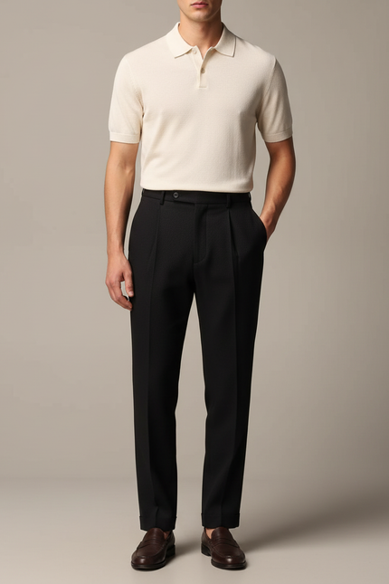 Pantalon À Pince Noir Plissé Droit Élégant Homme - Gabardine