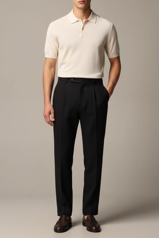 Pantalon À Pince Noir Plissé Droit Élégant Homme - Gabardine