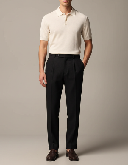 Pantalon À Pince Noir Plissé Droit Élégant Homme - Gabardine