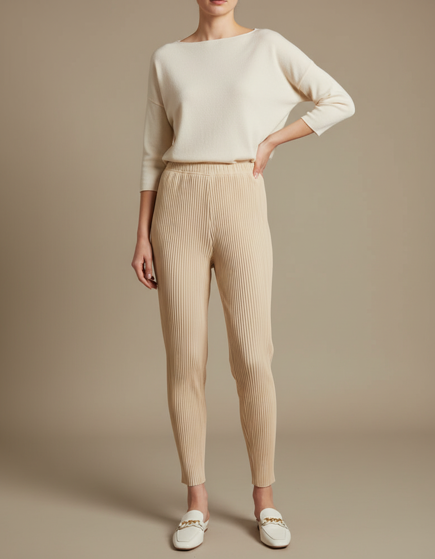 Pantalon À Pince Beige Plissé Tricoté Confortable Femme - Maille