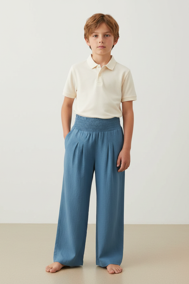 Pantalon À Pince Bleu Ample Plissé Confortable - Lin