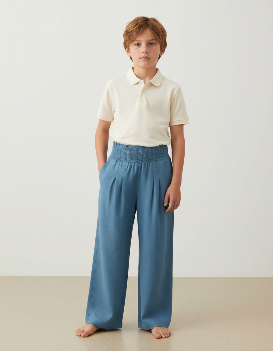 Pantalon À Pince Bleu Ample Plissé Confortable - Lin