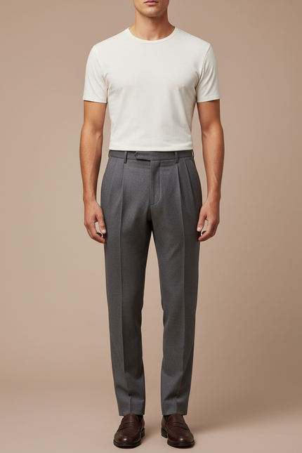 Pantalon À Pince Gris Foncé Plissé Droit Élégant Homme - Gabardine