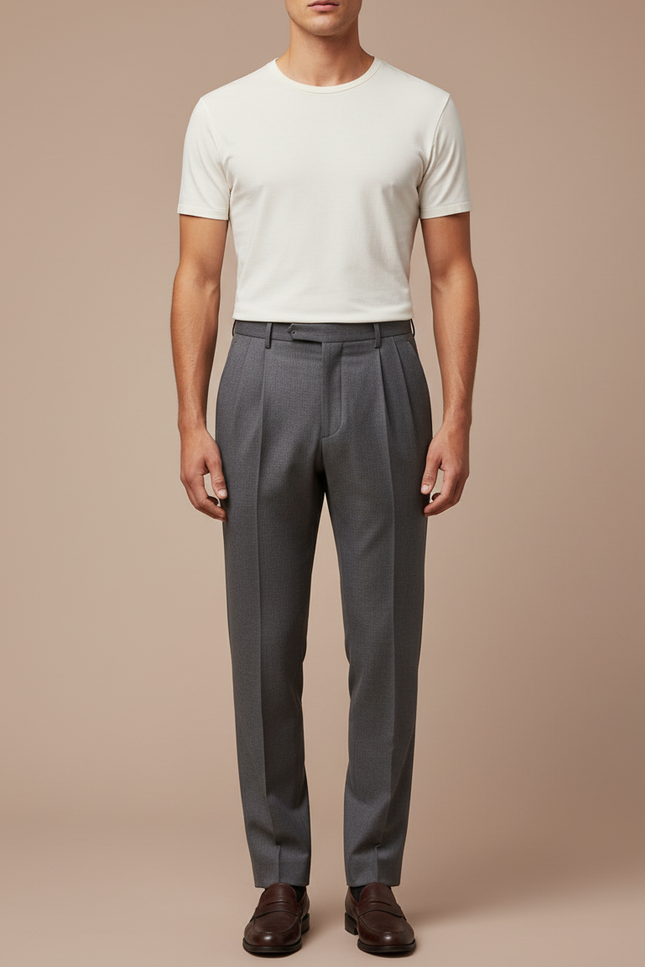 Pantalon À Pince Gris Foncé Plissé Droit Élégant Homme - Gabardine