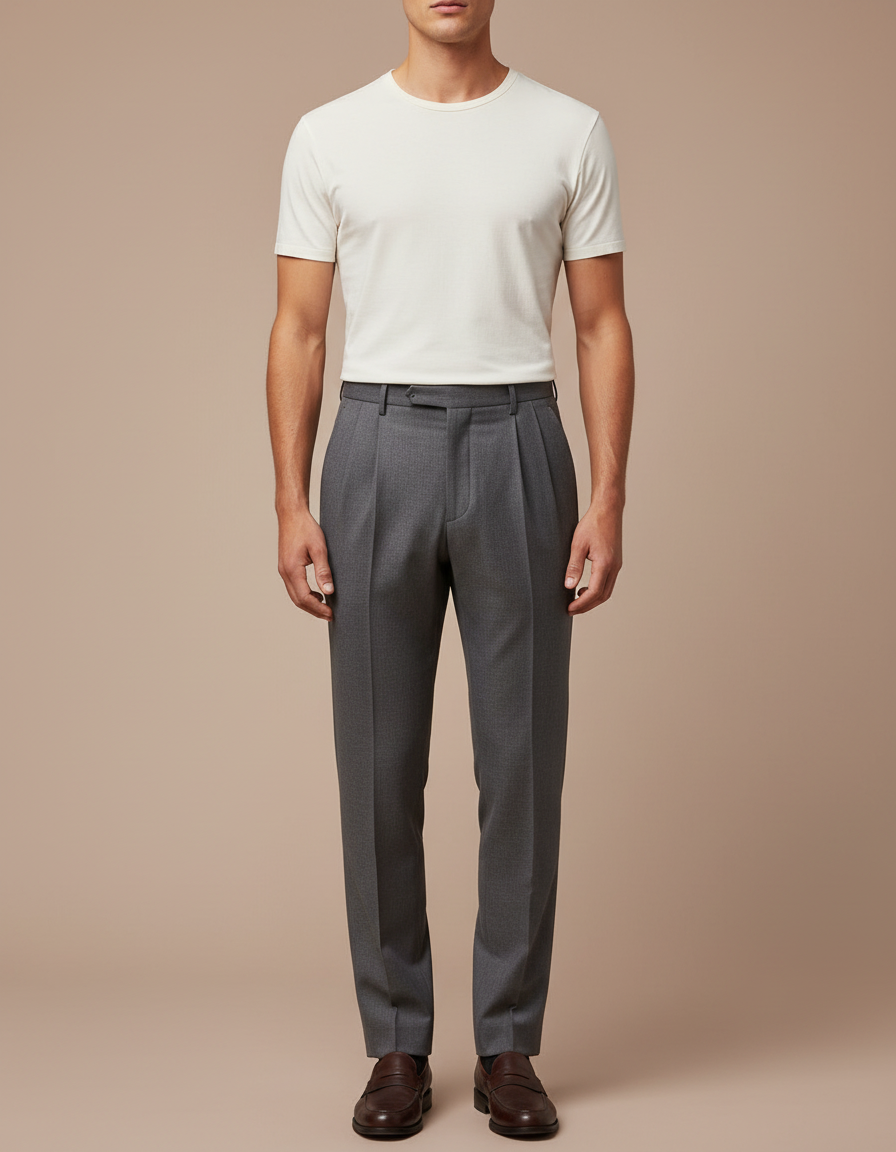 Pantalon À Pince Gris Foncé Plissé Droit Élégant Homme - Gabardine