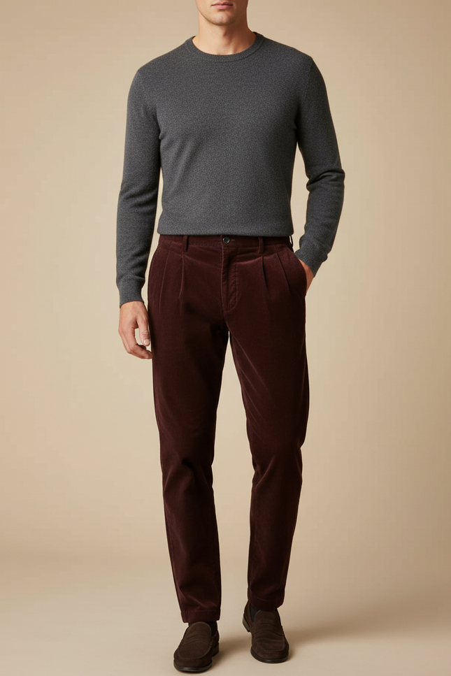 Pantalon À Pince Velours Côtelé Marron Plissé Homme Hiver - Bordeaux Cordé