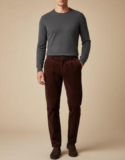Pantalon À Pince Velours Côtelé Marron Plissé Homme Hiver - Bordeaux Cordé