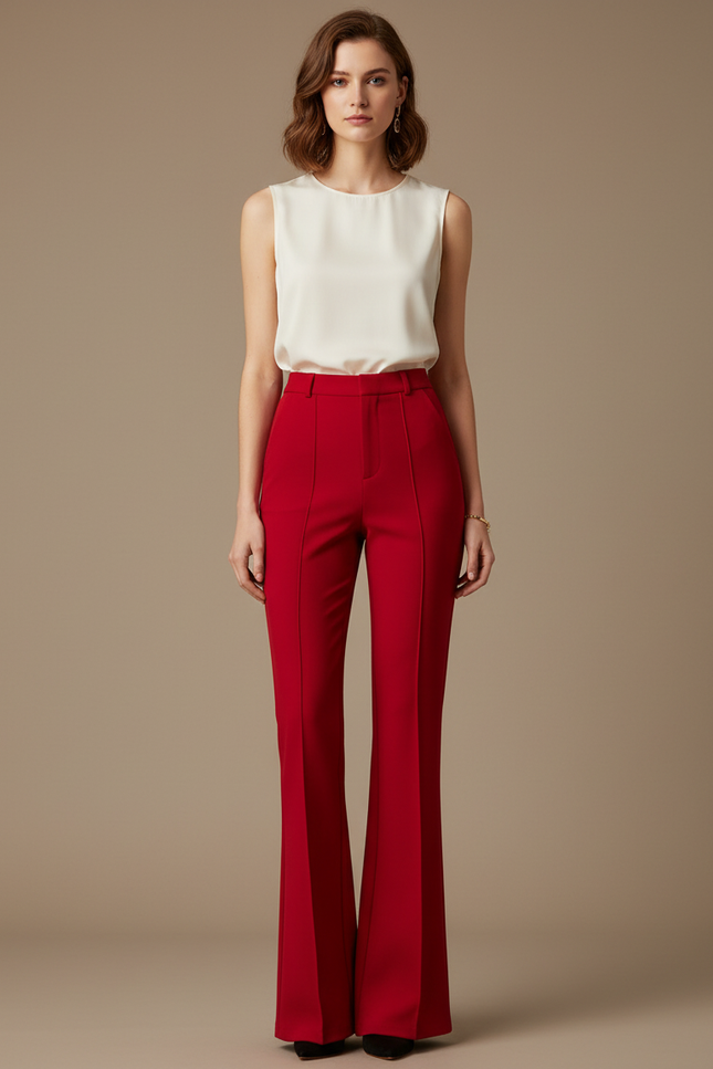 Pantalon À Pince Rouge Évasé Taille Haute Élégant Femme - Gabardine
