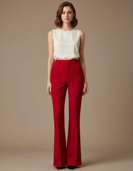 Pantalon À Pince Rouge Évasé Taille Haute Élégant Femme - Gabardine