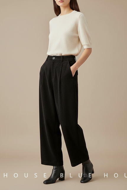 Pantalon À Pince Noir Côtelé Ample Décontracté Vintage - Cordé