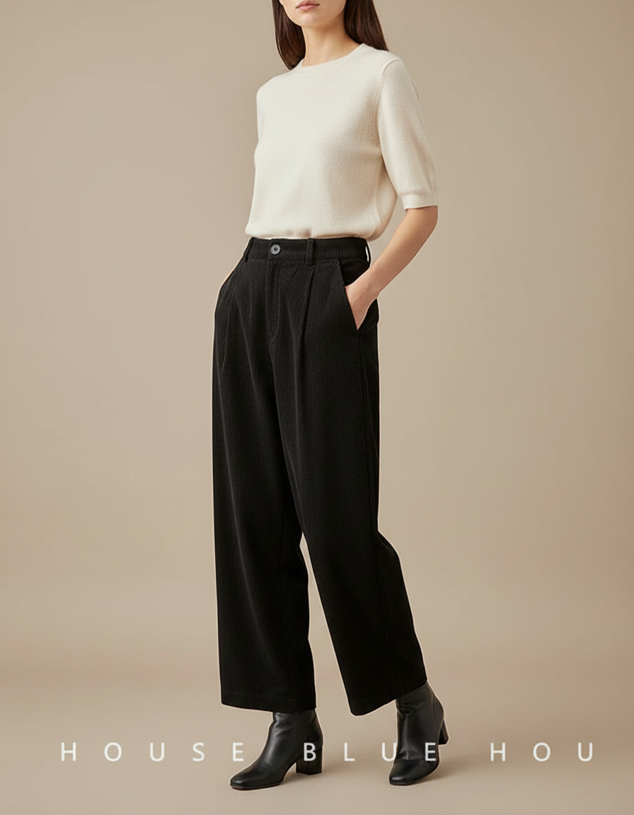 Pantalon À Pince Noir Côtelé Ample Décontracté Vintage - Cordé