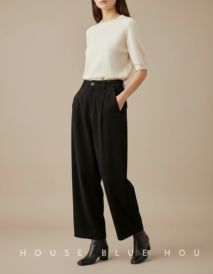 Pantalon À Pince Noir Côtelé Ample Décontracté Vintage - Cordé