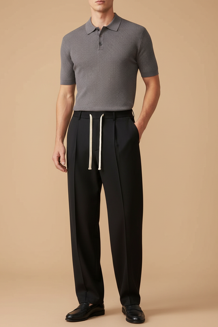 Pantalon À Pince Noir Droit Décontracté Cordon - Polyester