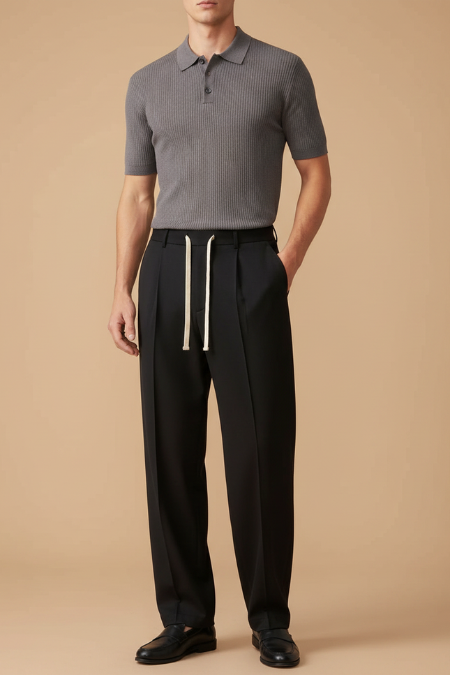 Pantalon À Pince Noir Droit Décontracté Cordon - Polyester