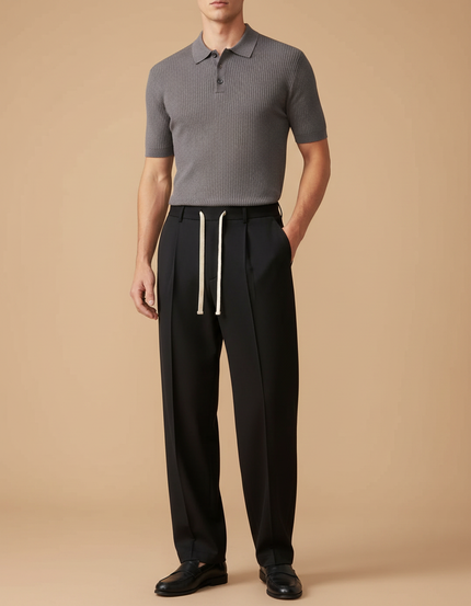 Pantalon À Pince Noir Droit Décontracté Cordon - Polyester